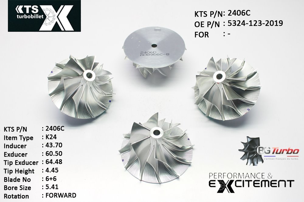 Turbo ROUE FORGÉE MFS PERFORMANCE - 6+6 PALES - INDUCER : 43,7 - EXDUCER : 60,5 - TYPE : K24ANGLE : 85° - ROTATION : Forward - SUPER BACK : -0,02 - BORE SIZE : 5,41
